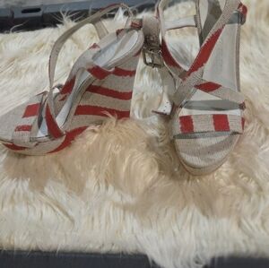 New Without Box Burberry Red and Cream Striped Wedges